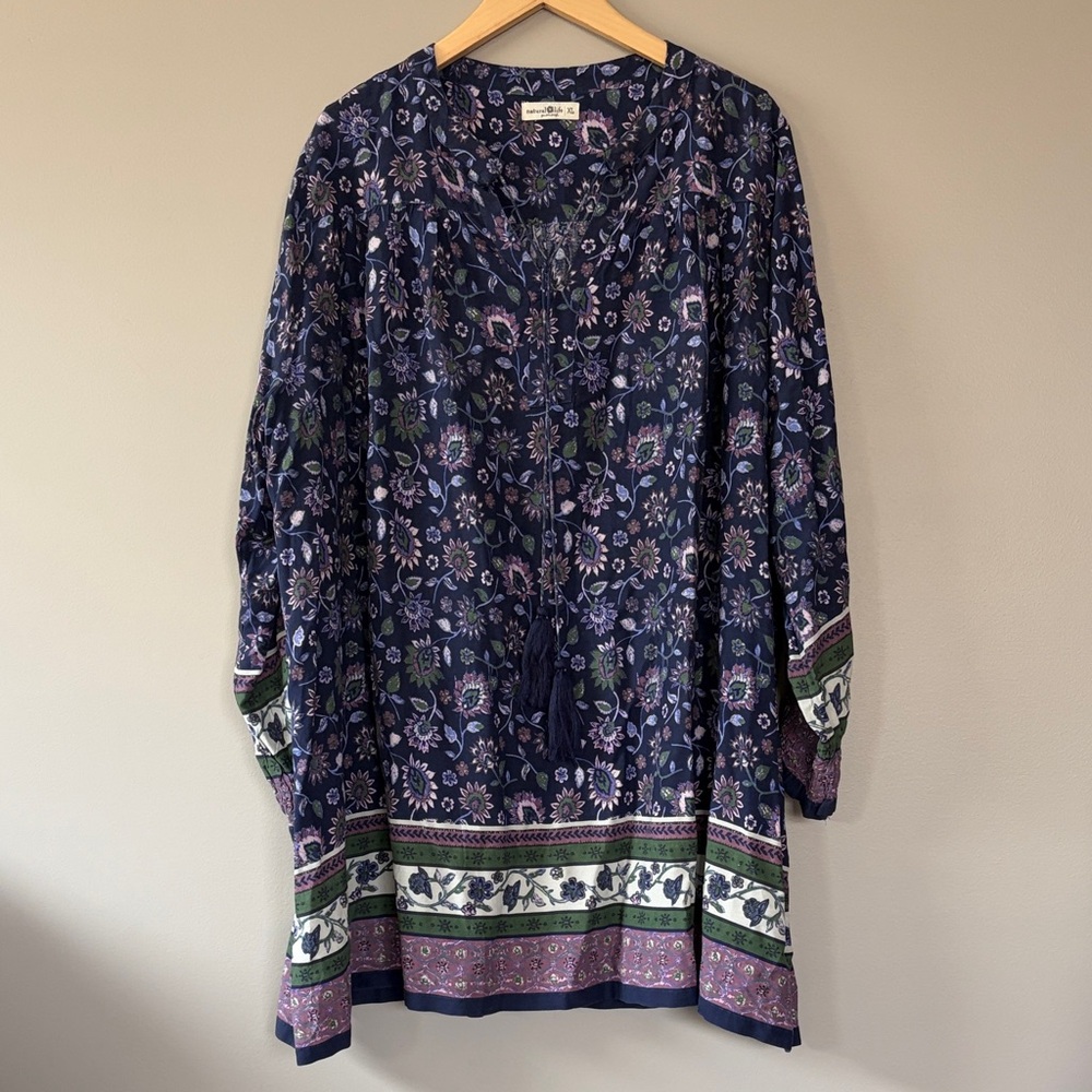 Natural Life Boho Dara Tunic Dress Size XL Floral Flowy Loose Blue Purple Green